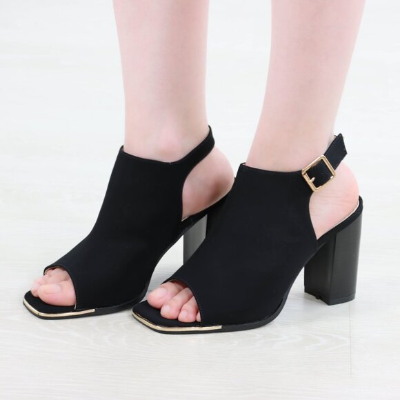 Block Heel Peep Toe Sandals Women’s Black Velvet Gold Buckle Ankle Strap - Picture 8 of 15